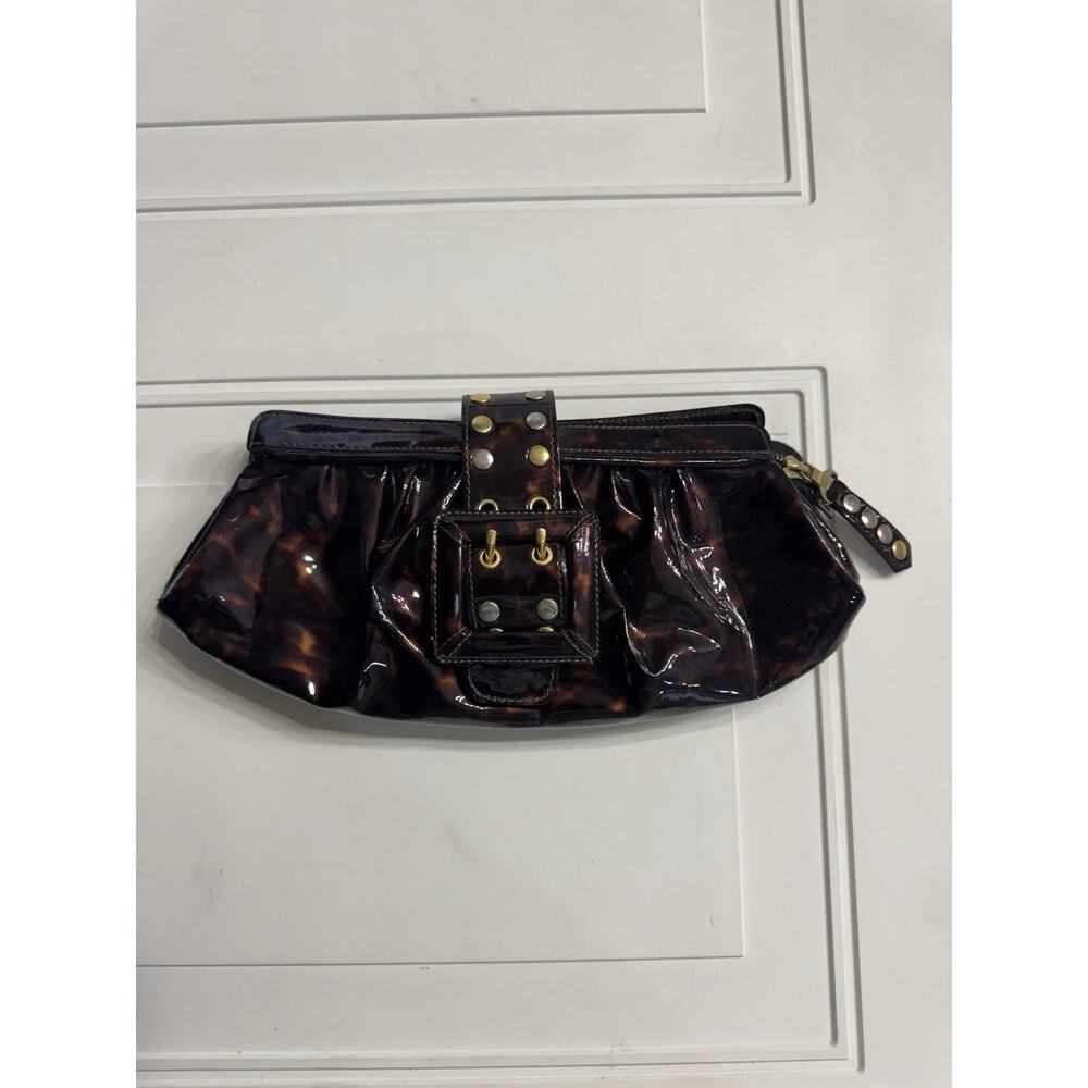 BE & D Patent Tortoise She’ll Leather Fold Over Clutch Handbag Gold Buckle